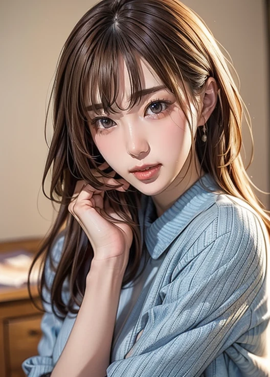 (( top quality)), (超 high definition), ( very detailed), (Detailed explanation), (( best CG )), (masterpiece), Super Fine Art, ( top quality、8k、32K)、( beautifully detailed eyes:1.6)、( high definition)、 Very Beautiful Face and Eyes、 1 Woman 、((:1.3))、 Thin Waist、Delicate body、( Attention to Details )、(8k、Oil paints:1.2)、( realistic:1.37)、  bright color、  depth of field 、 concentrate、 is tall,  slender and hourglass-like figure 、 slim、(( casual fashion :1.6)), Plump lips,  ( seductive poses)、