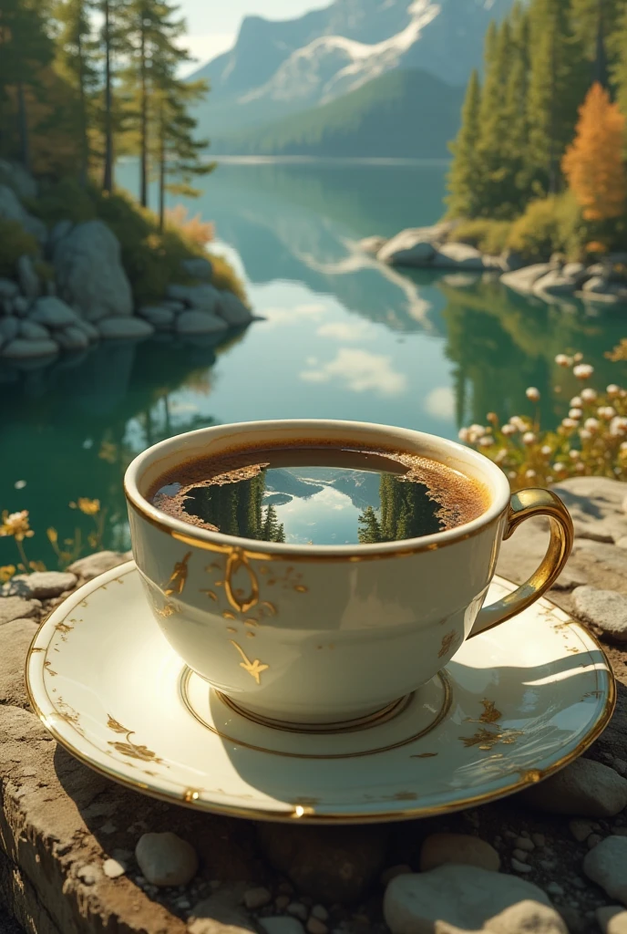 A beautiful view reflected in the coffee in a coffee cup