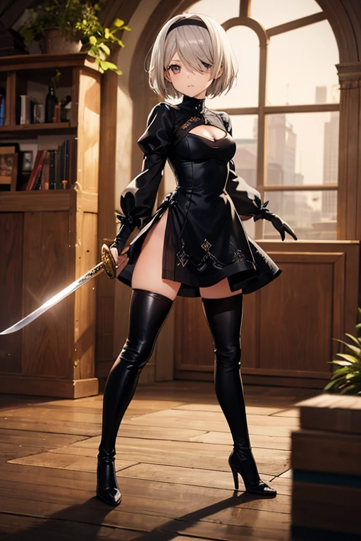 (black short dress:1.3), (spread your legs:1.0), (showing panties:1.0), (white panties:1.4), (black long boots:1.8), (black hair band:1.4), (beautiful face:1.5), (detailed face:1.2), (masterpiece, best quality:1.4), (In the ruined big city), (remains of large machinery:1.5), (fight against mechanical lifeforms:1.5), (full body shot:1.3), (1girl), (have a big sword:1.7), solo, (beautiful european:1.2), yorha no. 2 type b, (white short hair:1.5), hyperrealistic, high detailed skin, high quality, highly detailed face, highly detailed skin, skin pores, subsurface scattering, realistic pupils, medium breast, full face blush, full lips, detailed background, depth of field, volumetric lighting, sharp focus, absurdres, realistic proportions, good anatomy, (realistic, hyperrealistic:1.4)