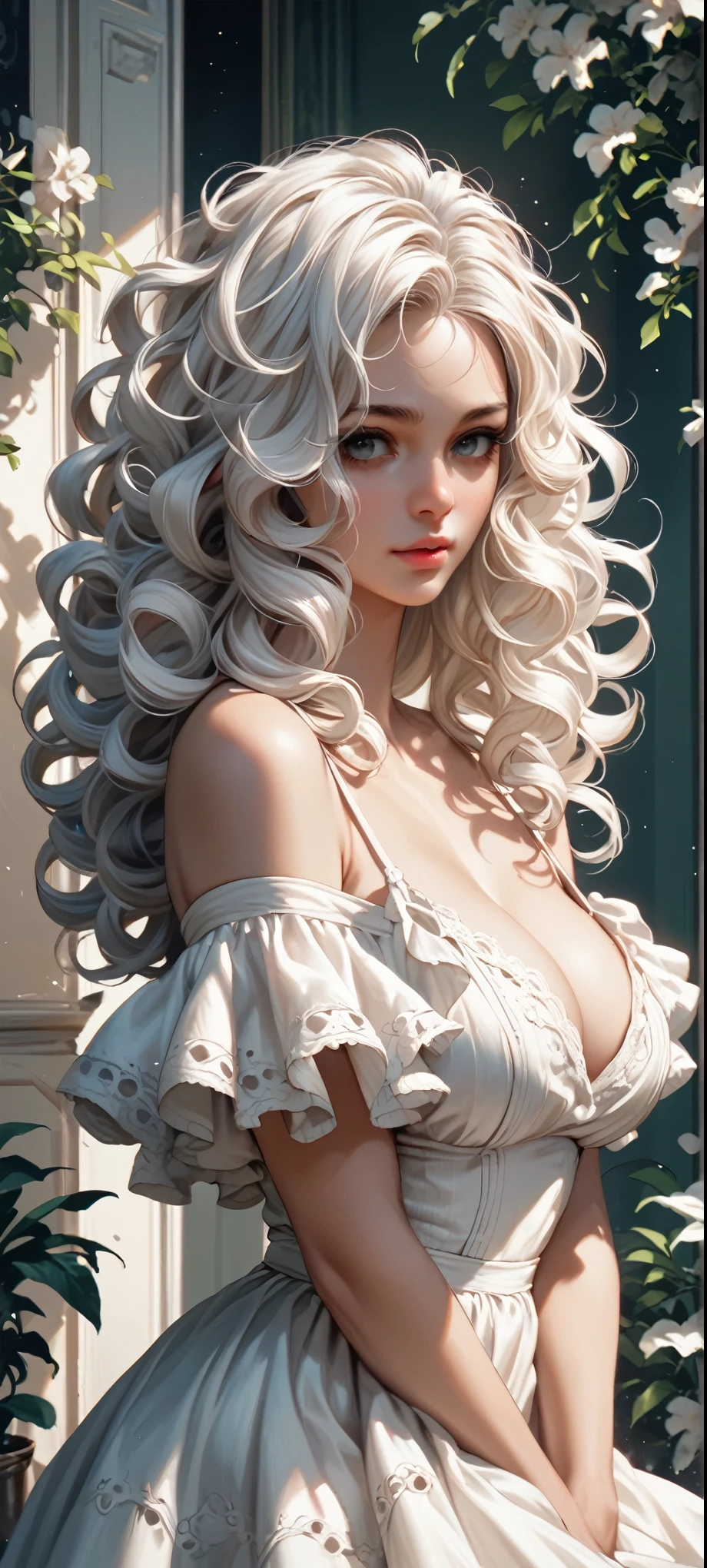( top quality, very detailed, super high resolution, 8K images), white tone, , White Curly Hair , big boobs