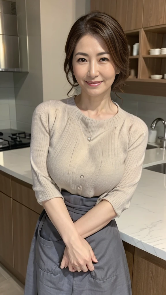 最high quality, 8k, Vibrant, Sharp focus, high quality, High resolution, Middle-aged women, Mature Woman, 55 years old, (Whole Body Ezbian), (High heels facial detail, Highly detailed eyes, Thick lips, Plump figure、Plump face、((big 1.6))、((Large Breasts)).((Saggy breasts))、((Grey knitted sweater))、Love hotel room、Random Hairstyles、A kind smile、