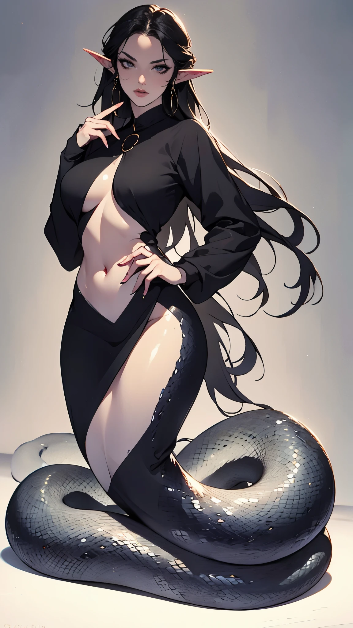 ((Masterpiece, top quality, ultra clear ,Original photo, very detailedCG,8k)),Lamia,(Thin Snake Tail :1.3), Beautiful Elf Girls , long black hair ,Exquisite eyes, detailed face , detailed hands , Smooth Delicate Dark Skin ,Black Skin Glow ,( Big Breasts and Thin Waist), Beautiful Snake Scales , high definition,( very detailed:1.4),( realistic:1.2),imagine, Full Body Shot