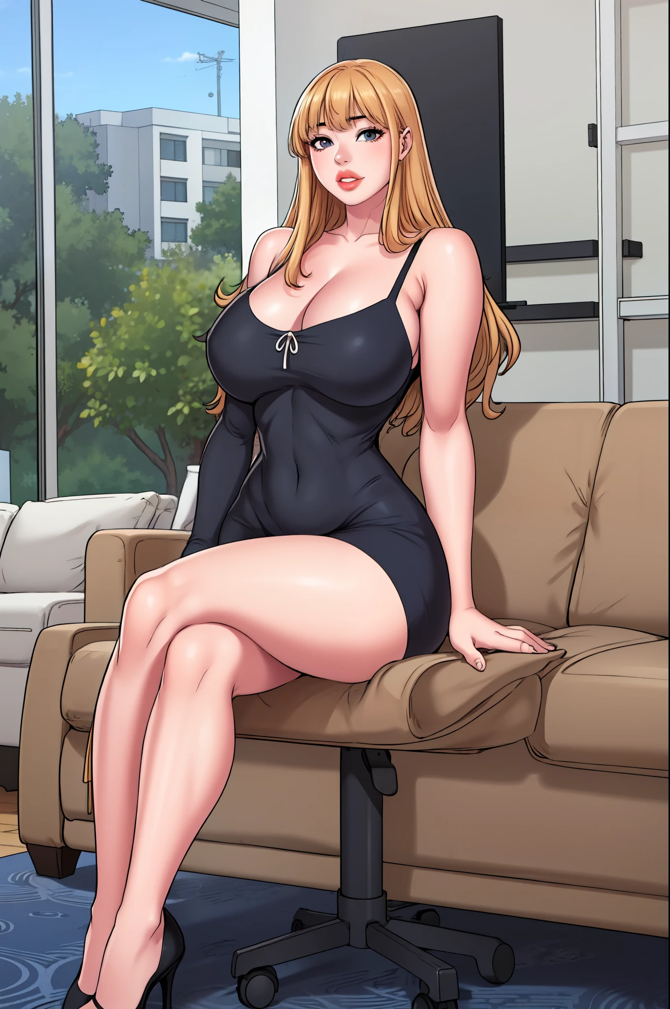 A sexy slim cute beautiful woman with blonde long hair bangs, big blue eyes, extremely fair white skin, and pink plump lips. She's wearing black sunglasses, a revealing short brown full-sleeve dress with a V neckline, and brown strappy heels. A mobile in one hand, a smile, a living room in the background, sitting on a couch legs crossed, and show full body.