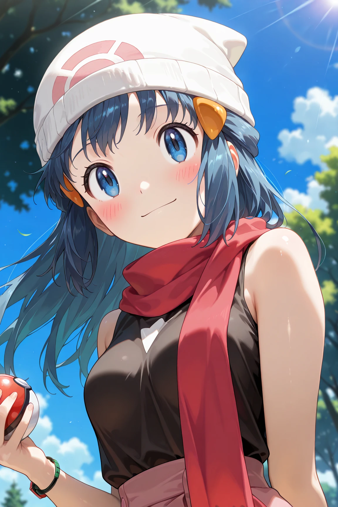 score_9, score_8_up, score_7_up, score_6_up, score_5_up, score_4_up, source_anime, aadawn, long hair, blue hair, beanie, white headwear, hair ornament, blue eyes, breasts, red scarf, sleeveless shirt, black shirt, wristwatch, bracelet, pink skirt, standing, outdoors, filed, flower, tree, holding poke ball, smile,

(realistic skin0.8),
Shiny, skin,

(blush:1.4), smile,
cinematic, dramatic, (blurry background:1.4), depth of field, 
1girl, solo, joyful, smile, dynamic pose, dynamic angle, from below, 
outdoors, nature,
(portrait:1.7),
(focus on face:1.2),
(closed-up shot:1.5),
sunny,
blue sky,
cloud,
sunlight,
wind,