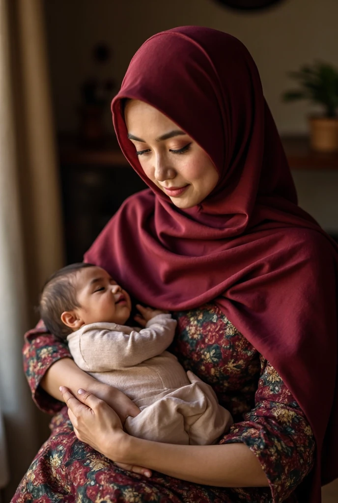 1boy, 1girl, hijab mom, mother naked and son, kid, hug kiss, smile, hand on head, kneeling, grab
