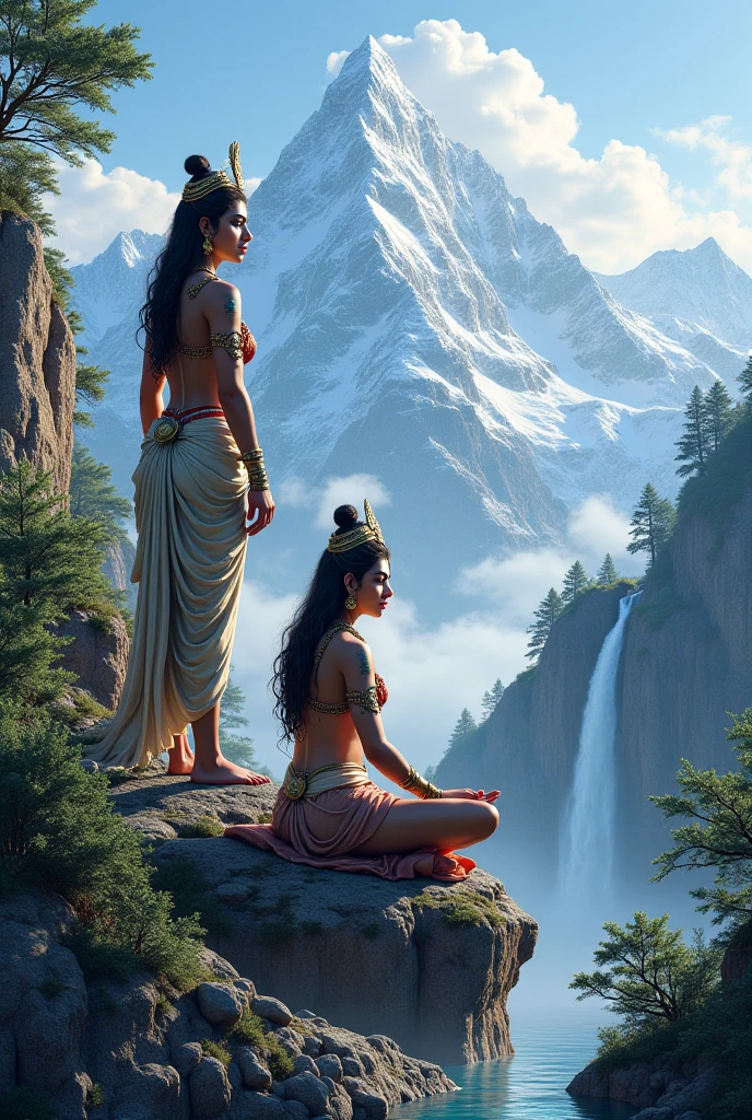 Shiva and Parvati, the divine couple, seated serenely atop Nandi, their sacred bull, amidst a breathtaking landscape of snow-capped mountains and a golden temple. [Digital art, traditional Hindu iconography, realistic style], [Reference: Ravi Varma], [Soft lighting, warm colors, a backdrop of a serene, natural setting]