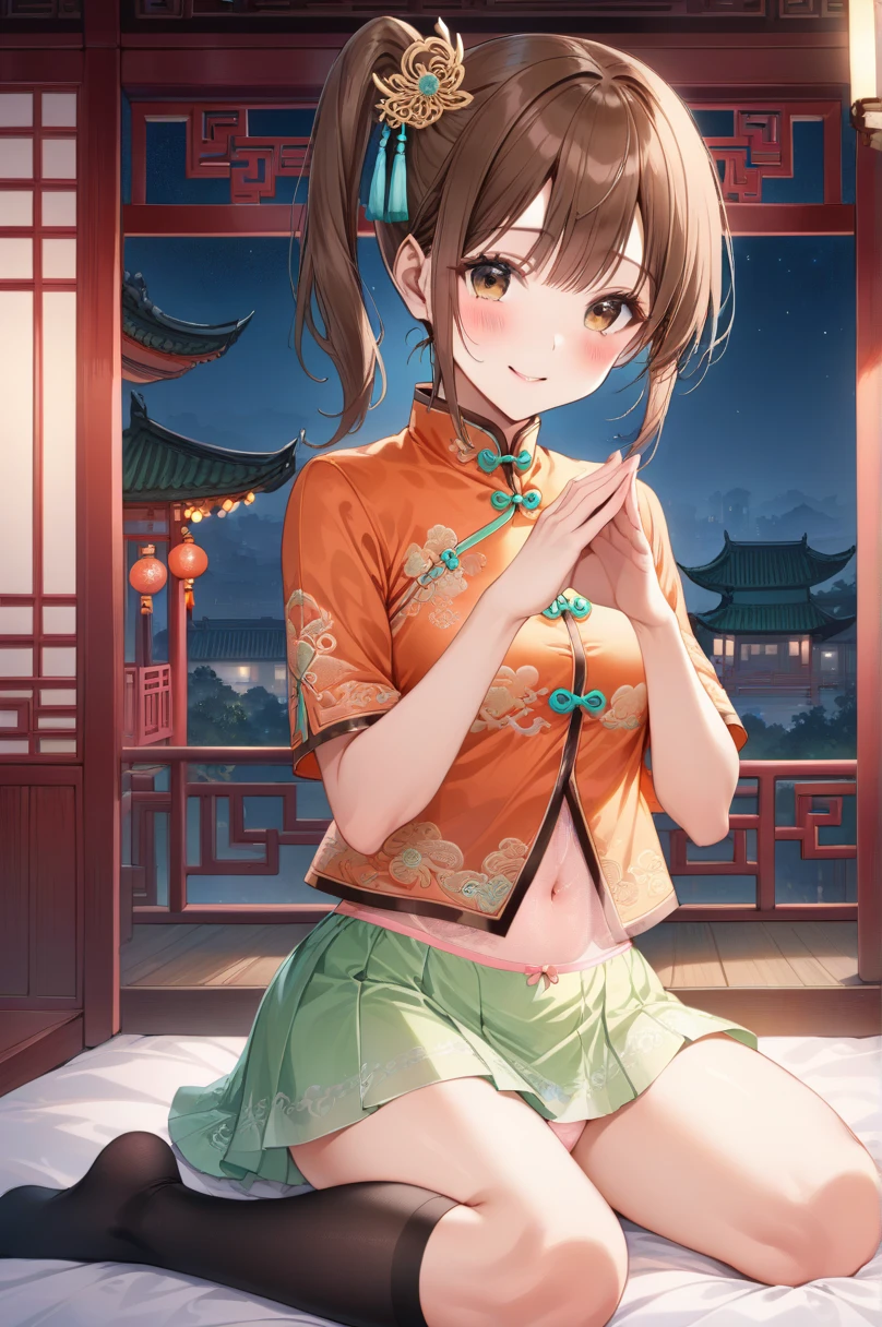 masterpiece, ((((( flip the skirt with your hands))))),(( show panties )),smile,Blushing, One Girl , Alone, (( brown hair)), (( side ponytail)),  brown eyes, Orange Chinese Clothes , Chinese interior,Chinese architecture, Bedroom with bed,night,Sit shallowly on the bed ,.(( light green miniskirt )),  Black Knee High Socks, hair accessories, (((( light pink sheer panties)))),  Audience 