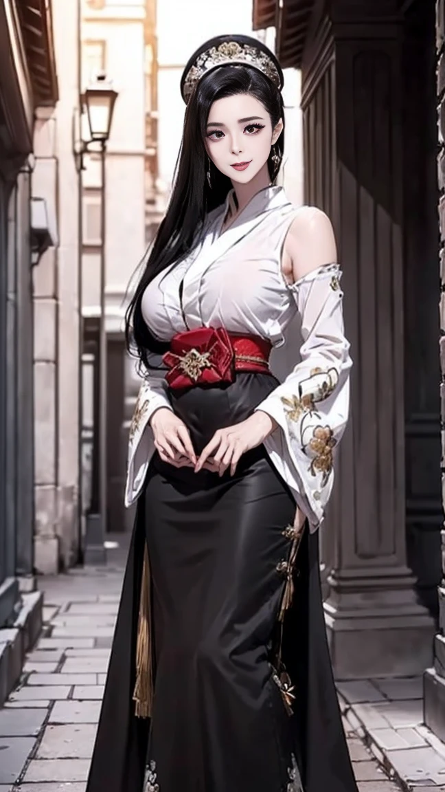 20 year old woman swordsman, wielding a sword in front of her,light armor,long black hair,perfect face, huge breasts,slim waist, wide hips, thick thighs,long legs,