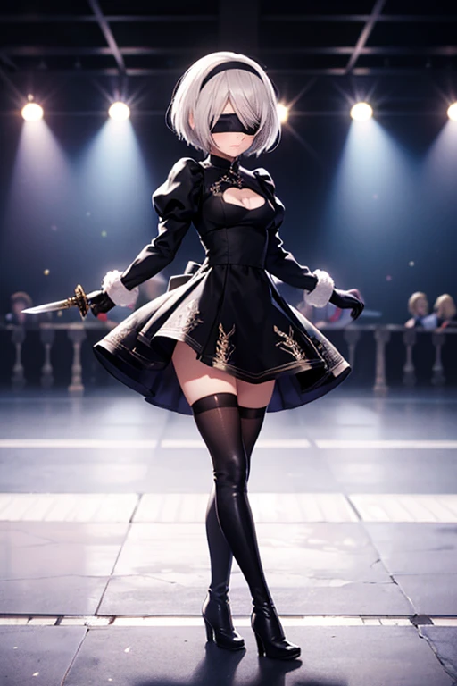 2b,   one girl, Alone, (Chibi：1.5),  short hair ,   thigh socks  ,   gloves,   Long Sleeve  ,   dress,   holding, ,   medium bust ,   is standing, whole body, arms,   gray hair,   hair band  ,   boots,   Puff Sleeve  , sword, black   thigh socks  , Black shoes,   holding arms, mole, black   dress,   high heels,   leotard, Clothing  cutout s, thigh   boots,  have swords,   cutout , knife, black   hair band  ,     Juliet sleeve, mole under mouth, To the audience, high heel   boots,  Blindfold , I hid my eyes,((( black  Blindfold))) , Feathered sleeves, Masterpiece, 