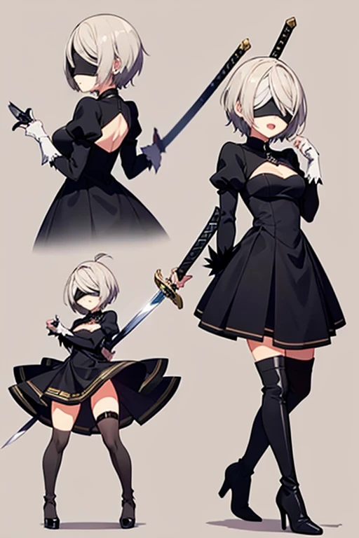 2b,   one girl, Alone, (Chibi：1.5),  short hair ,   thigh socks  ,   gloves,   Long Sleeve  ,   dress,   holding, ,   medium bust ,   is standing, whole body, arms,   gray hair,   hair band  ,   boots,   Puff Sleeve  , sword, black   thigh socks  , Black shoes,   holding arms, mole, black   dress,   high heels,   leotard, Clothing  cutout s, thigh   boots,  have swords,   cutout , knife, black   hair band  ,     Juliet sleeve, mole under mouth, To the audience, high heel   boots,  Blindfold , I hid my eyes,((( black  Blindfold))) , Feathered sleeves, Masterpiece, 