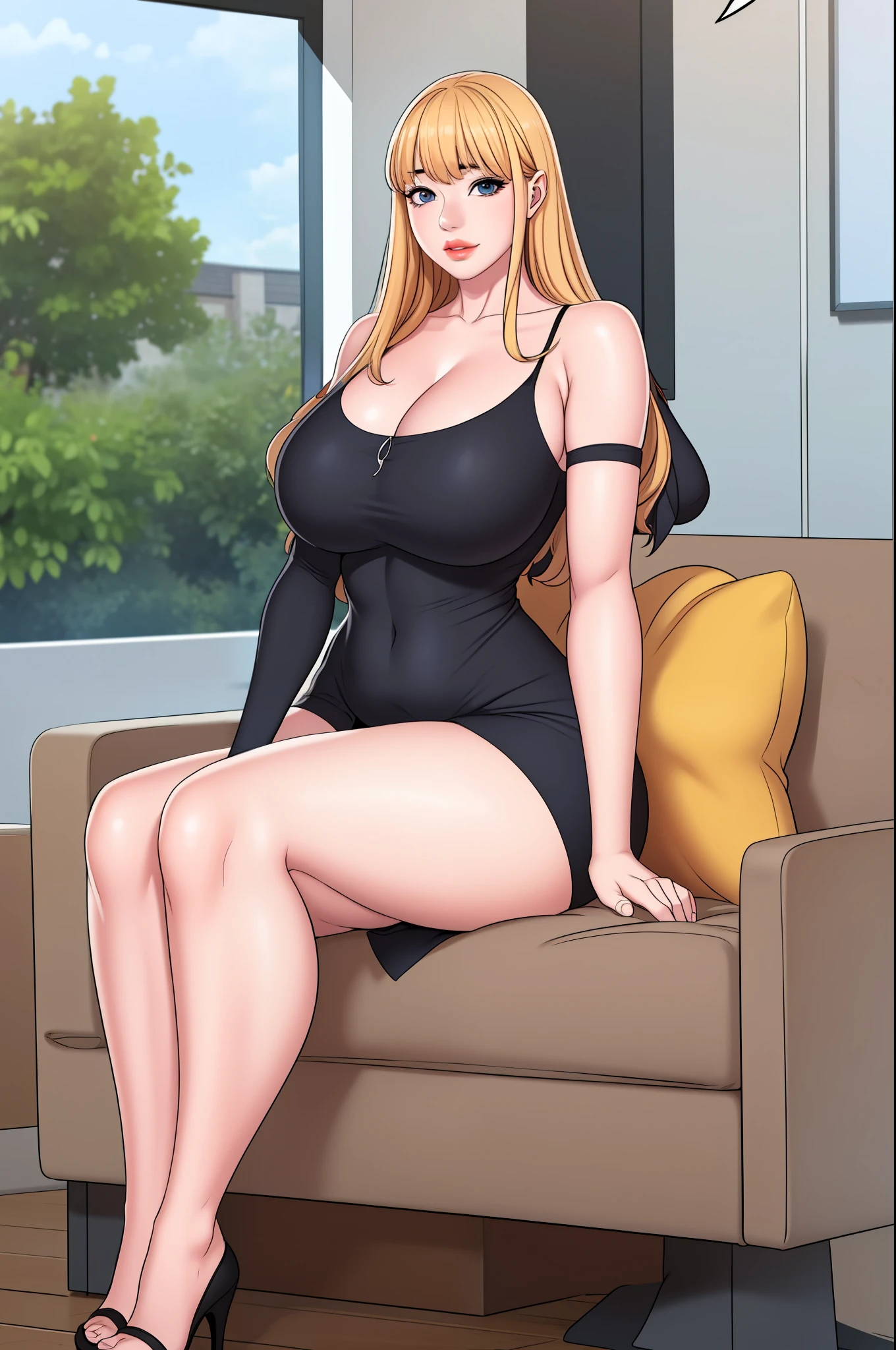 A sexy slim cute beautiful woman with blonde long hair bangs, big blue eyes, extremely fair white skin, and pink plump lips. She's wearing black sunglasses, a revealing short brown full-sleeve dress with a V neckline, and brown strappy heels. A mobile in one hand, a smile, a living room in the background, sitting on a couch legs crossed, and show full body.