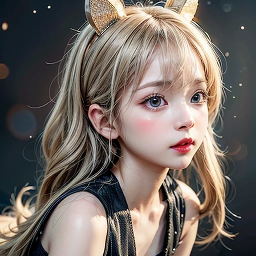 A photo of an award-winning masterpiece,Girl with fox ears,(half face, Half fox face),(facial closeups:1.4),Close-up strengthened,(Macro lens:1.3),A deep,Light attenuation,8K,(Works of masters:1.4),(high qulity:1.1),(SENSE OF CINEMA:1.1),Dark deep shadows, incredibly intricate detailing, Artistically, (up-close:1.1), looking from above, looking at viewert, (glitters:1.1), (color difference,:1.2) The background has floating light artifacts
