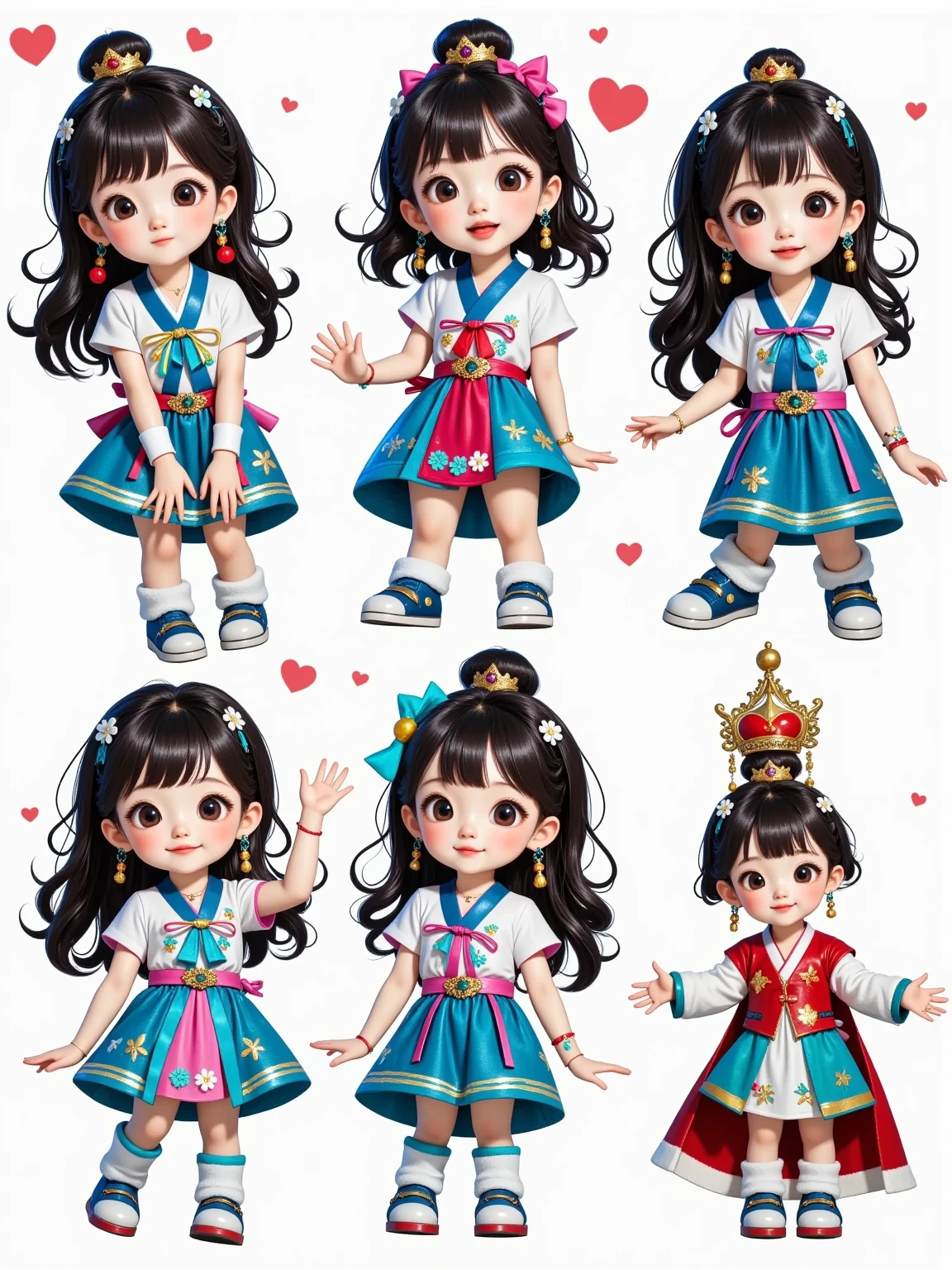 Cute and humorous Q version Chinese girl, big eyes, bust, sticker, 6 different facial expressions, expression board, Various poses and expressions, Anthropomorphic style, Ancient and classic style, Showing a variety of emotions, Cartoon illustration, Vector illustration, (Nine Palace Grid Layout: 1.5), (White background:1.5), Clear outline, Perfect details, Clear boundaries, No crossover