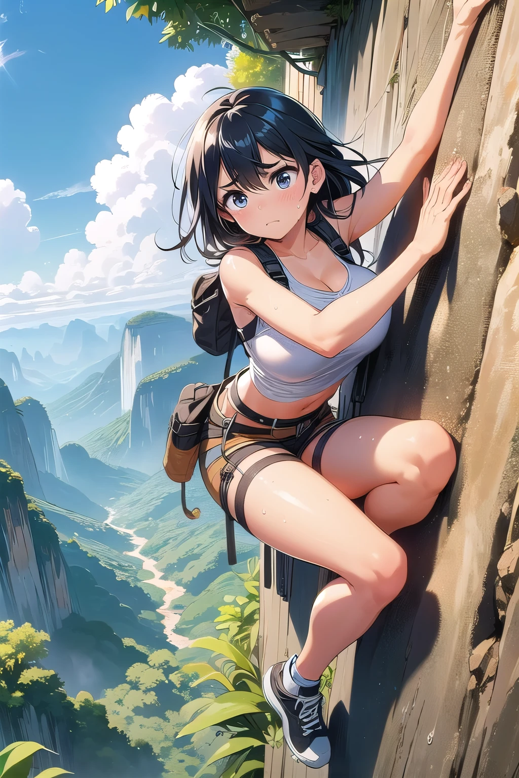 (((masterpiece))), (((best quality))), (((full body))), (((free solo climbing))), ((hands on cliff)), ((raise head)), ((sweat)), ((tan skin)), ((fluttering hair)), ((sneakers)), (feet off the ground), (crop top), (shorts), holster, fog, sky, jungle, canyon, high sky, wind, solo, 1girl, cleavage, ((big tits)), ribbon, shy, blush,upset,slim figure,