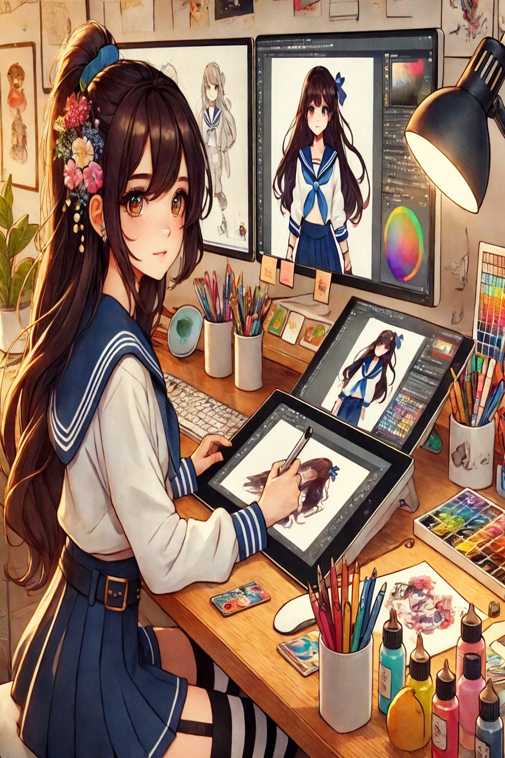 8K resolution, (masterpiece) (highest quality) A young female illustrator working in a bright and creative workspace. She is seated at her desk, surrounded by multiple monitors displaying character illustrations, color palettes, and design software. The desk is filled with colorful art supplies, including markers, paint bottles, and sketches. The atmosphere is cozy and inspiring, with warm lighting from desk lamps. The character has long dark brown hair in a ponytail, adorned with flowers, and is wearing a modern sailor-style outfit. Her expression is focused but calm as she uses a stylus on a tablet. The scene is detailed, with a mix of modern and traditional design elements, emphasizing creativity and technology.