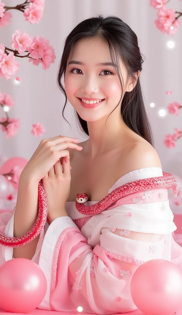 A vibrant and festive scene featuring a young thai woman radiating elegance and charm. She is dressed in a flowing white and pink outfit, adorned with delicate patterns or shimmering accents that reflect the festive theme. The soft pink hues of her attire blend harmoniously with the overall color palette, creating a serene and celebratory atmosphere. A striking red snake, with a smooth and glossy texture, coils gracefully around her arm or rests nearby. Its soft pastel red scales glisten subtly, adding an air of mystery and beauty to the composition. The snake’s presence is symbolic yet gentle, enhancing the scene's uniqueness. The background is a blend of soft whites and pinks, featuring elements like blooming cherry blossoms, delicate confetti, or shimmering patterns that create a festive and dreamy environment. The lighting is soft and radiant, emphasizing the gentle tones of the pink and white palette while casting a flattering glow on her features and the snake’s mesmerizing scales. This composition captures the essence of elegance, celebration, and harmony, perfect for a festive and symbolic portrayal.