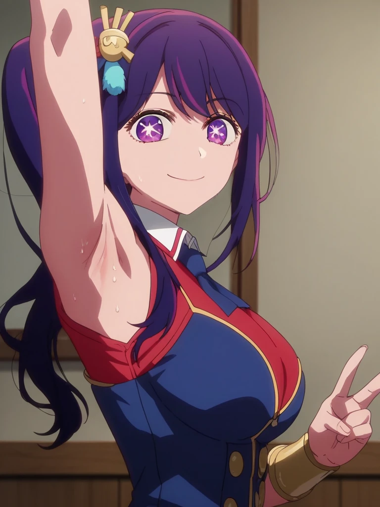 score_9, score_8_up, score_7_up, source_anime, anime screencap, 1girl, solo, hoshino ai, purple hair, purple eyes,side ponytail, hair pin, star pupils eyes, large breasts, long hair, arm up, raised arm, armpit, looking at viewer, head towards viewer, smile, badhandv4, closed mouth,red shirt, white collar, blue tie ribbon, braclet, sleeveless, from side, indoors , detailed armpits, sweaty armpits