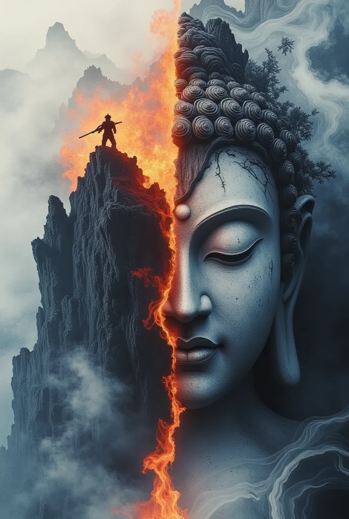 a half-demon, half-deity figure on a cliff edge, one side broken and decaying, (duality,duality:1.5),blue ice,(enlightenment),(exquisite painting),(unknown artist),(serene expression),(buddhist art),(red flames),(golden body),(precipitous cliffs),(dissipating mist),(best quality,4k,8k,highres,masterpiece:1.2),ultra-detailed,(realistic,photorealistic,photo-realistic:1.37),cinematic lighting,dramatic shadows,moody atmosphere