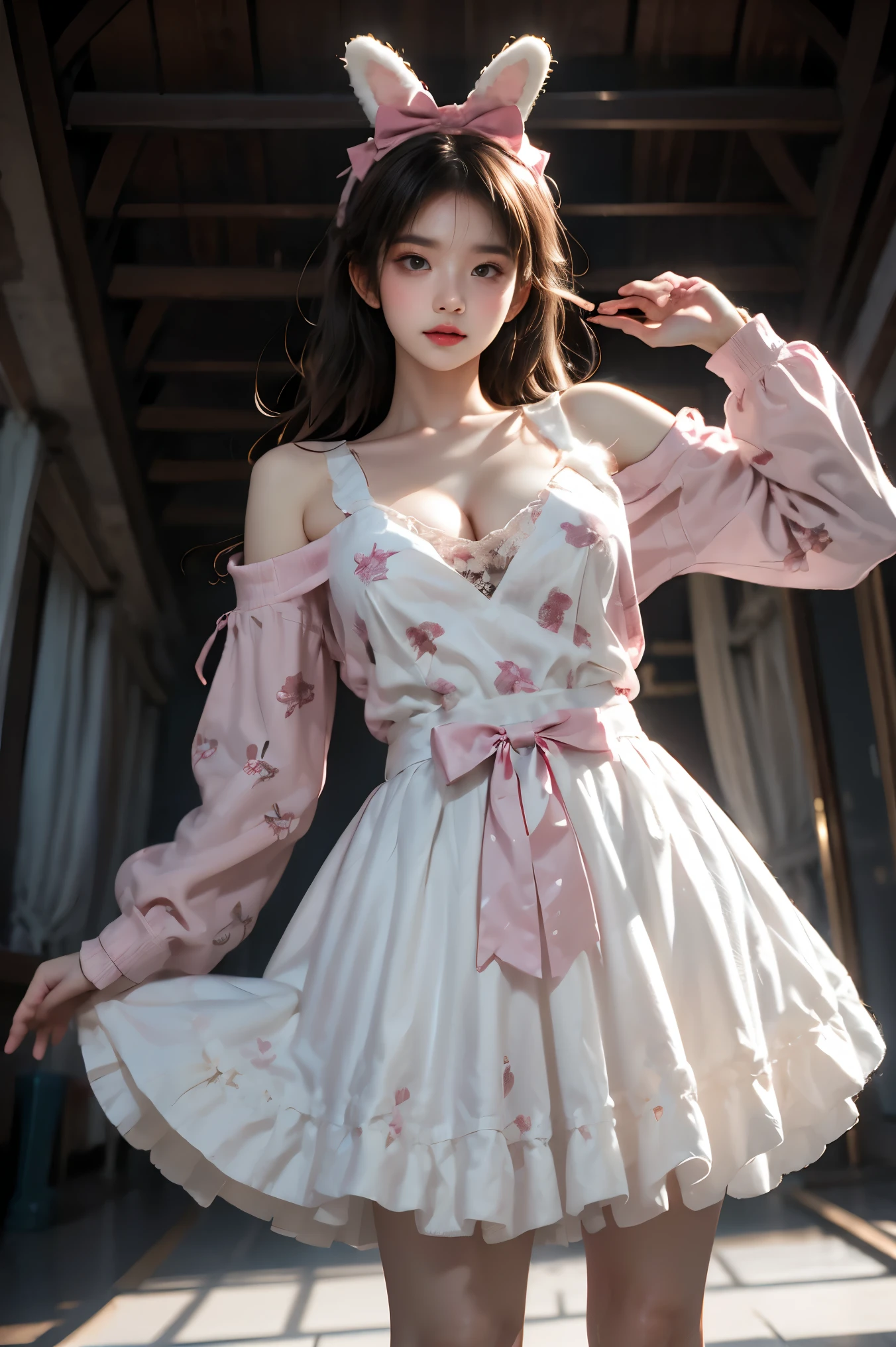 cyb dress,rabbit dress,white dress,rabbit skirt,shirt,animal print shirt,long sleeves,bow,pink bow,rabbit ears,rabbit print, (knee shot:1.3), (from below:1.2), photorealistic beautiful woman, (Full breasts, visible cleavage), fashion model with long legs, standing in a hallway, portico corridor, single bare shoulder, slim figure, (high detailed skin:1.2), soft ambient lighting, depth of field, 85mm portrait photography, natural shadows, fashion photography style, elegant pose, professional modeling shot, high resolution, masterpiece, best quality