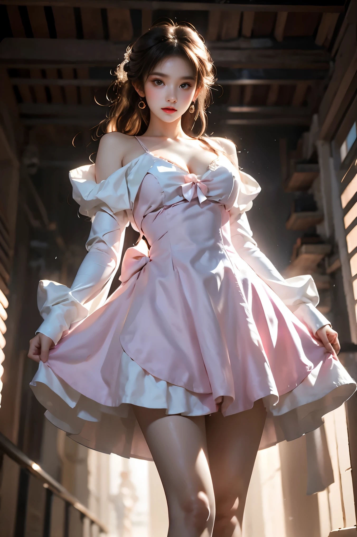 cyb dress, pink dress, dress, pom pom, bow, long sleeves, puffy sleeves,  (knee shot:1.3), (from below:1.2), photorealistic beautiful woman, (Full breasts, visible cleavage), fashion model with long legs, standing in a hallway, portico corridor, single bare shoulder, slim figure, (high detailed skin:1.2), soft ambient lighting, depth of field, 85mm portrait photography, natural shadows, fashion photography style, elegant pose, professional modeling shot, high resolution, masterpiece, best quality