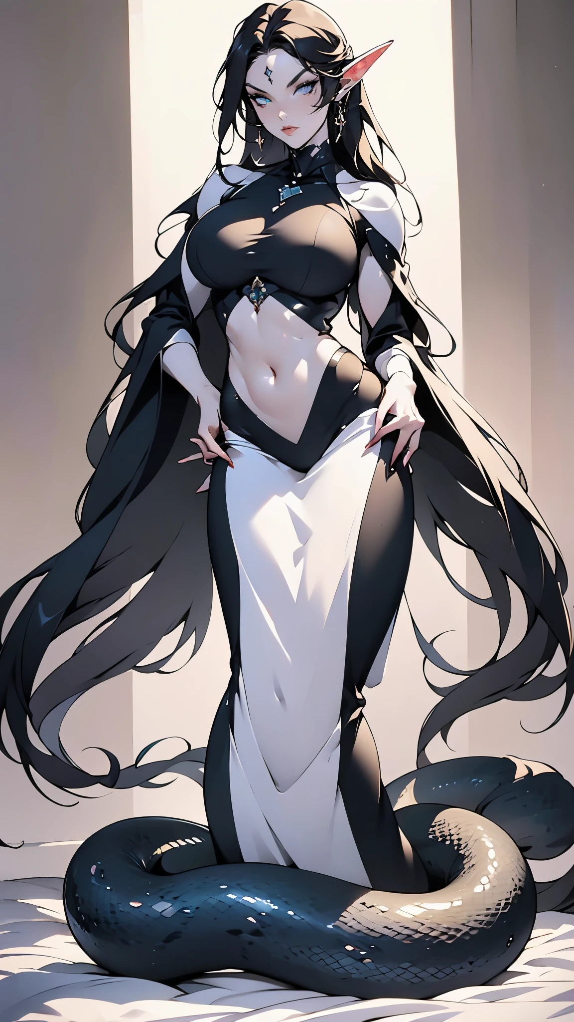 （（Masterpiece， top quality， ultra clear ，Original photo， very detailedCG，8k）），lamia type android，（Thin Snake Tail ：1.3）， A beautiful elf girl ， long black hair ，Exquisite eyes， detailed face ， detailed hands ， Smooth Delicate Dark Skin ，Black Skin Glow ，（ big breasts and thin waist）， Beautiful Snake Scales ，Lots of ornaments 、 high definition，（ very detailed：1.4），（ realistic：1.2），Holding a sword made of glass、imagine， Full Body Shot 