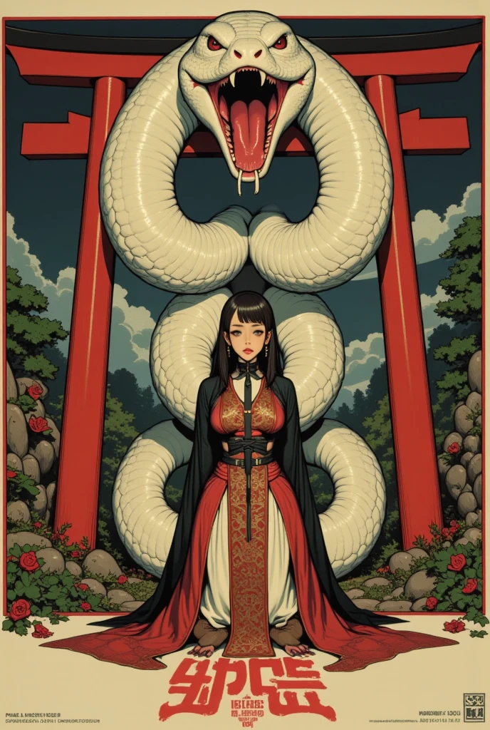 A shrine maiden with long dark hair wearing an ancient Japanese kimono made of snakeskin、 standing in front of a large red torii gate 、A very large white snake is staring at the back with its mouth open 、Japanese horror movie poster、In red calligraphy at the bottom of the screen「-2025」Logo、
