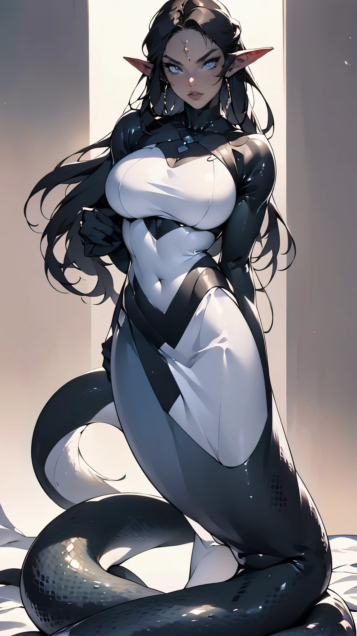 ((Masterpiece, top quality, ultra clear ,Original photo, very detailedCG,8k)),lamia type android,(Thin Snake Tail :1.3), Beautiful Elf Girls , long black hair ,Exquisite eyes, detailed face , detailed hands , Smooth Delicate Dark Skin ,Black Skin Glow ,( Big Breasts and Thin Waist), Beautiful Snake Scales , cyberpunk、Lots of ornaments 、 high definition,( very detailed:1.4),( realistic:1.2),Holding a sword made of glass、imagine, Full Body Shot