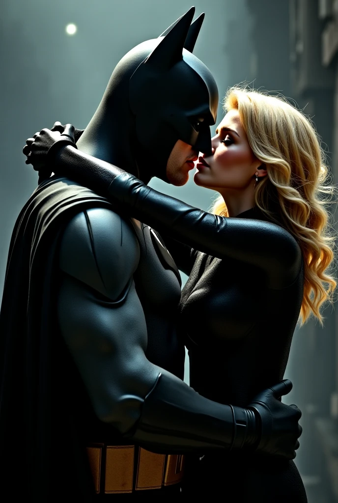 Hyper realistic image of Super Girl kissing Batman. Batman's erect penis is visible on his suit. Super Girl has her hand on Batman's penis. Super Girl is blonde, she has a fit body and her breasts are big since they have surgery. Batman is touching Super Girl's breast.