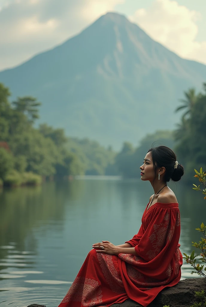 8K realistic image, an 18-year-old young girl with short hair and a height of 165 cm with tanned skin typical of Indonesia wearing a red kebaya cloth and torn batik cloth is sitting straddling under a banyan tree. Her vagina was obvious because she was not wearing pants. ilying on the edge of the lake wearing only a top without wearing pants with a view of trees and hills