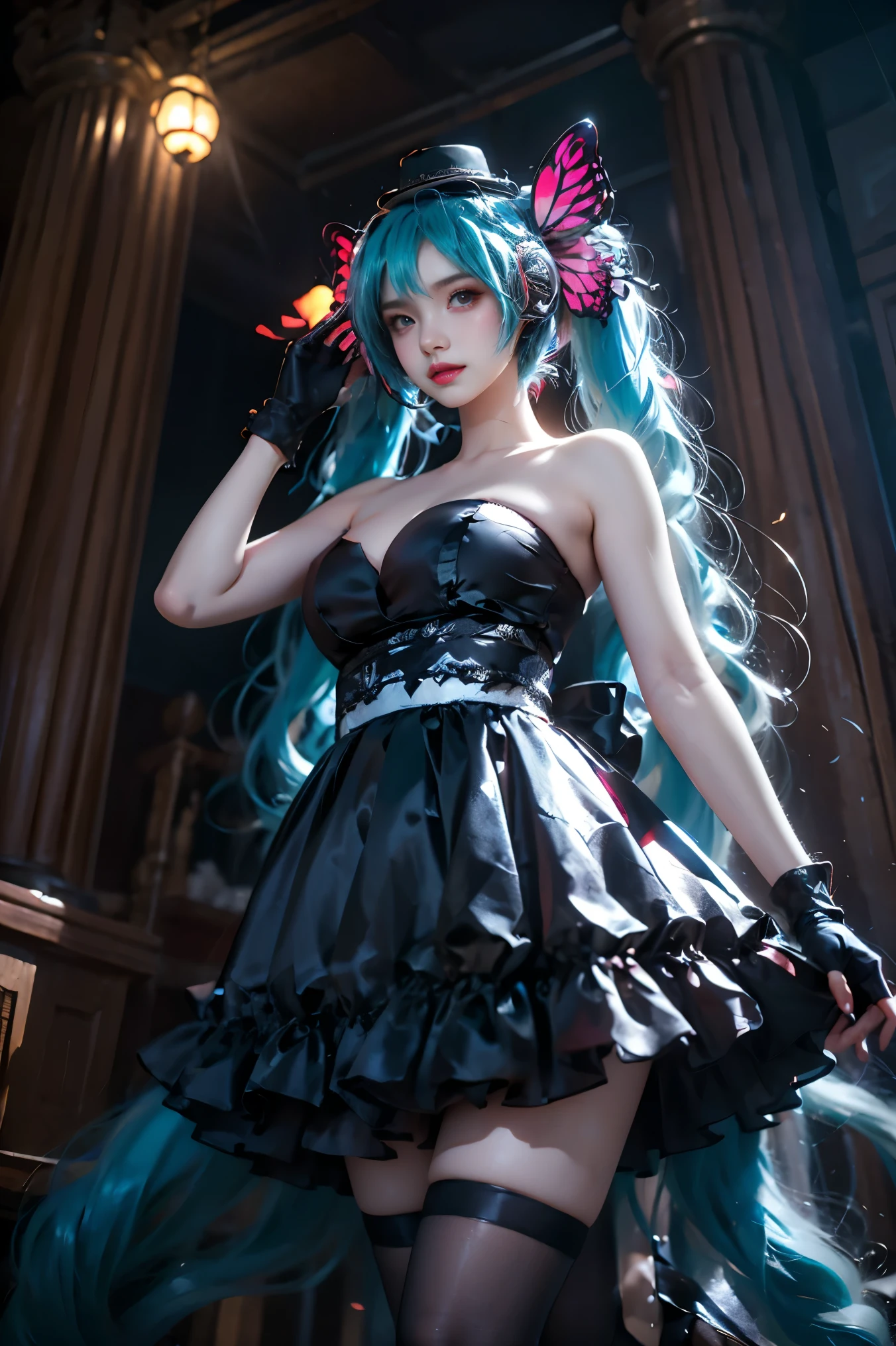 hatsune miku cosplay costume, hatsune miku, cosplay, twintails, aqua hair, very long hair, strapless dress, dress, fingerless gloves, mini hat, butterfly hair ornament, hair ornament, headphones, butterfly headphones, thighhighs, high heels (knee shot:1.3), (from below:1.2), photorealistic beautiful woman, (Full breasts, visible cleavage), fashion model with long legs, standing in a hallway, portico corridor, single bare shoulder, slim figure, (high detailed skin:1.2), soft ambient lighting, depth of field, 85mm portrait photography, natural shadows, fashion photography style, elegant pose, professional modeling shot, high resolution, masterpiece, best quality