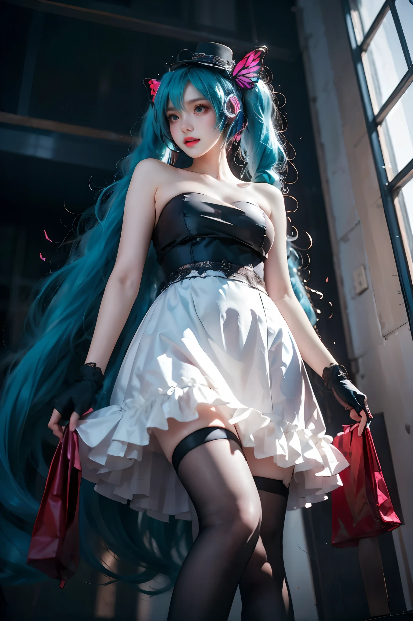 (((hatsune miku charakter))), (((tosca hair color))), ((long twin tail hair with pony)), looking at the view, eyes on the view, smile (big smile), (open mouth), (((full body photo))), 21 years old girl, perfect body, perfect anatomy, tosca eye color, double eyelids, huge breasts, Highly detailed skin texture, (Realistic skin), Ultra-Detailed Face, Detailed Lips, Detailed Eyes, Double Eyelids, nacklaces, wet skin, wet hair, (((simple background))), (front focus), (in the dark:1.6), deep dark, Hyperrealist portrait of female by david hockney and alphonse mucha, fantasy art, photo realistic, dynamic pose, hot model pose, dynamic lighting, artstation, poster, volumetric lighting, very detailed faces, 4 k, in the dark, deep shadow, low key, cowboy shot, (((white dress color))), lighting dress, erotic lace dress, suspender stockings, extremely detailed, milk liquid