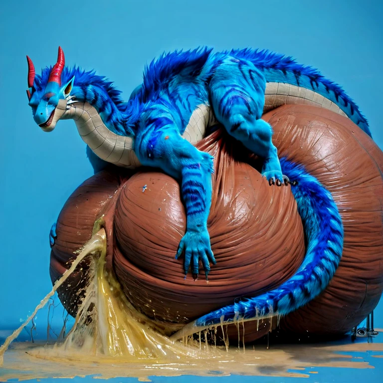 (((solo, dragon, feral, excessive urine everywhere dirty, obese), (((((blue fur, hyper balls, tail, blank blue background, masterpiece, high details, high quality, best quality, highres, HD, realistic)))))), ((((((((on hyper balls, hyper sheath))))))))