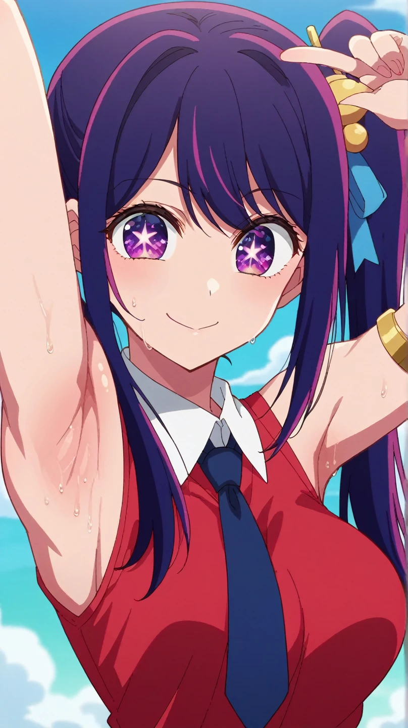 score_9, score_8_up, score_7_up, source_anime, anime screencap, 1girl, solo, hoshino ai, purple hair, side ponytail, hair pin, purple eyes, star pupils eyes, large breasts, long hair, arm up, raised arm, armpit, looking at viewer, head towards viewer, smile, badhandv4, closed mouth,red shirt, white collar, blue tie ribbon, braclet, sleeveless, from side, stage perform, sweaty armpits