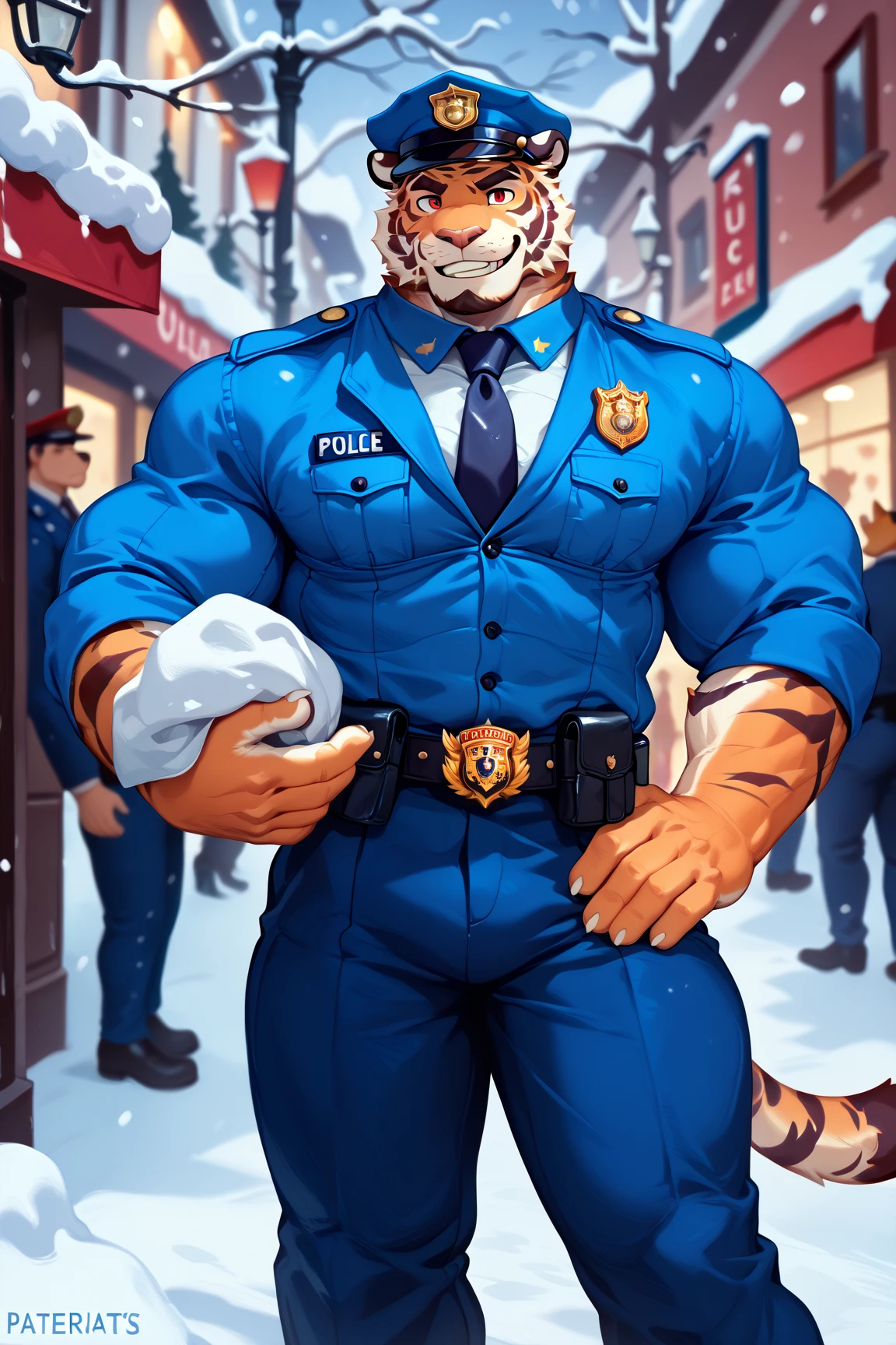 unique , tiger, man, is in good shape , furry, pectoralis major muscle, policeman, wear formal, Smile, Reach out, Red Eyes, beard, stands tall and salutes , standing on a snowy night street, snow, best quality, Super Detailed , close-up, simple background, masterpiece, Depth of Field