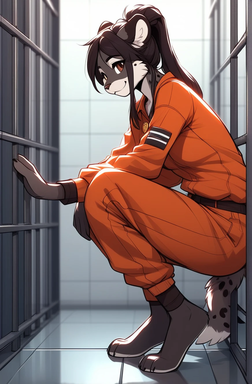 score_9, score_8_up, score_7_up, score_6_up, score_5_up, score_4_up, source_anime,source_furry,rating_safe,rating_questionable,masterpiece, best quality, perfect anatomy , very aesthetic , absurdres,solo, 1girl\(wearing prison jumpsuit\(blue and white border\), arms chained with handcuffs,sitting in jail, evil smile,dynamic angle,dynamic pose,