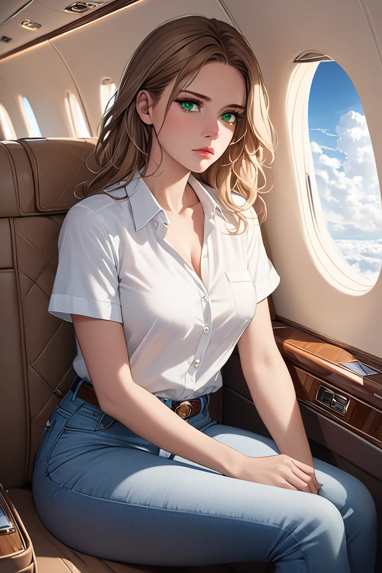 (premier quality、et 8K、32K、шедевр、nffsw、超High Resolution、impressionnisme、photoreallistic:1.2)、corps entier, (dans l'avion:1.4)、realistic shadow、visage magnifique、Dos flou、Belle fille de 16 ans、peau brillante, Beaux cheveux courts blonds、yeux bleus、unbuttoned white blouse, soutien-gorge blanc visible, gros seins, Jupe bleue courte serrée、collants、chaussures noires、un sourire、cuisses cuisses、