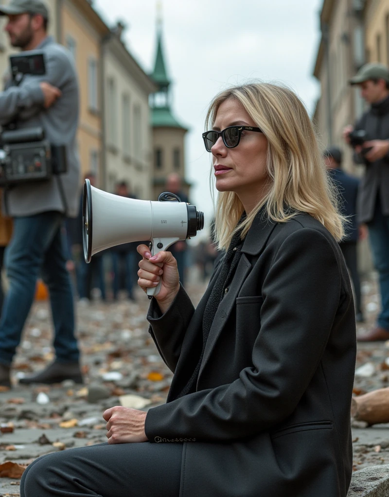 An actress who has changed from being an actress who is filmed to being a filmmaker, Side View, full body,  sitting pose,  Melanie Lauren, about 2030 years ,50-age, (blonde middle hair, sunglass, cry ),hand hold white megaphone, near film cinematic camera, many Cinema staff, in destruction city in Ukraine, Destroyed churches, Title is decoration black Italic letter "Original Sin " writhing bottom screen,  (photographic, super high definition , retina, masterpiece, anatomically correct, Accurate, textured skin, super detailed, High Details , High Quality , High Quality , high definition , 8k)
