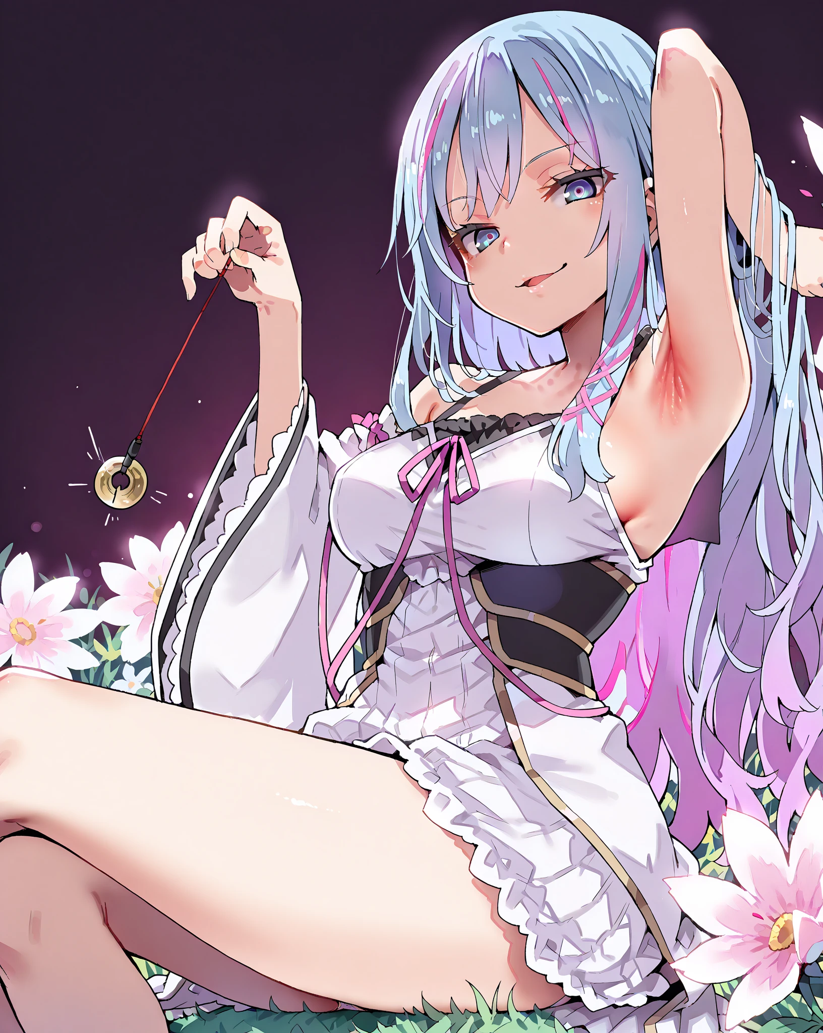 score_9, score_8_up, score_7_up, 1girl,solo, style asanagi, seduce,seductive, beautiful smile, smirk, breasts, medium breasts, in flower field, she is holding a pendulum in one hand \(hypnotist holding a pendulum\), ((holding pendulum)), holding string, perfect hands, one hand up, side view, turning side, armpit focus, open mouth, smirk, looking at viewer, sitting on grass, pantyshot, masterpiece, high quality, absurd resolution, beautiful hands, ringed eyes, sleeveless, Rilliona, the Magistus of Verre, white dress