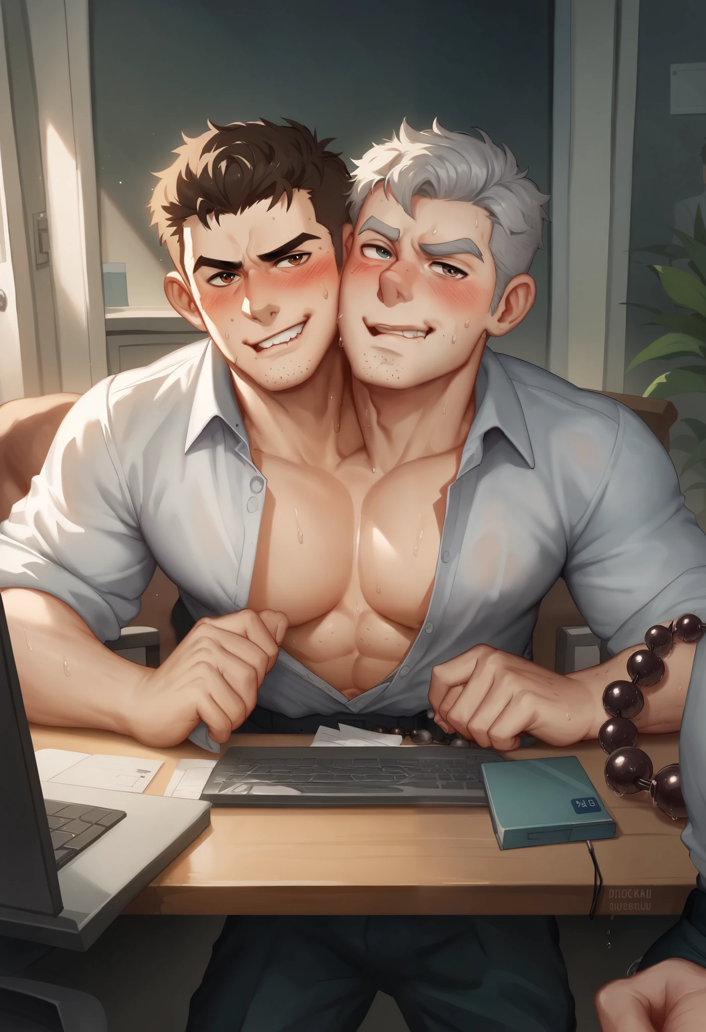 (2heads), fit 48 year old man, silvery black hair, brown hair and silver hair, (stubble:1.2),, wearing office attire, unbuttoned shirt, working on computer, one hand on mouse and the other hand under desk, blushing, ((sweating profusely:1.2), sweat stains on shirt, sweat beads on face, dripping, biting lips,cubicles background,no body hair, a man looks on in the background by the door in disgust, dim lighting, reflection of screen lighting up face, conjoined dicephalus
