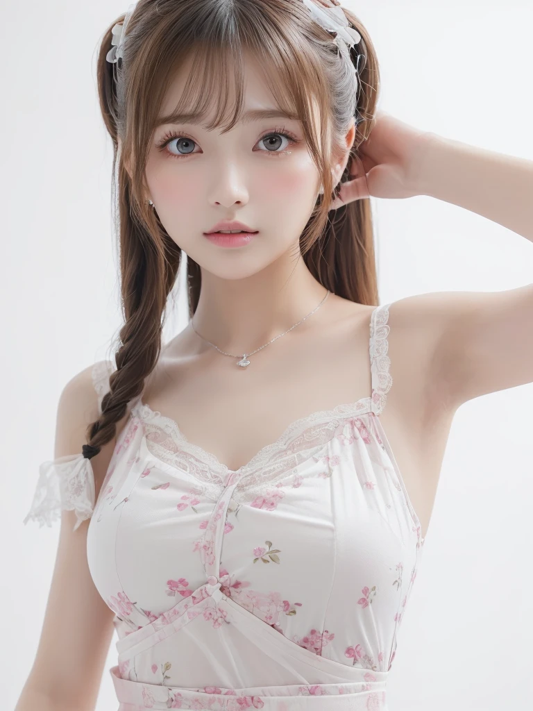    Beautiful breasts,(Neat,      elegant  :1.4),,(adult,1.4),(   Clear Eyes :1.4),(      very cute:1.2),(    small breasts:1.2),      Natural Cosmetics  ,    I'm angry  ,     wide shot,(Highly detailed debtace and skin texture:1.4),(Alone:1.3),    top quality   ,masterpiece,   Ultra-fine ,(  realistic:1.3),(  8K ultra HD,   RAW photos:1.2),35mm Lens, debt/1,(   detailed eyes :1.2),   double eyelid ,(      White Background   : 1.3) ,(   upright position ,debtull body:1.4、Pink floral dress 、 Intermediate Shooting   、(((Place your right hand on your chest 1.85)))、(((young、、    girl  )))、       Spread your entire crotch with twin tail hair 、(((Clear 1 .5、 ピュア1.5)))、