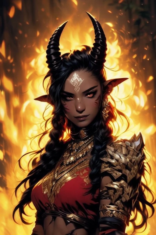 score_9, score_8_up, score_7_up,
KRKNK, 1girl, portrait, beautiful, tiefling shaman, black hair, (long hair:1.3), side bangs, horns, barbarian, gladiator, war paint, tribal markings, long tail, blue skin, red lips, red eyes, glowing eyes, (smug:0.85), dramatic lights, detailed