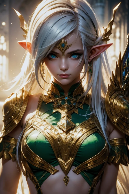 Female elf,Large breasts,Silver armor,tiara crown,dramatics,dynamicposes,The background is the palace,(Mid-range portrait:1.3),rays of sunshine,sceptre