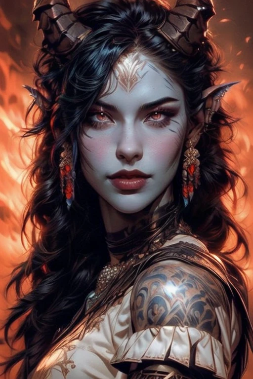 score_9, score_8_up, score_7_up,
KRKNK, 1girl, portrait, beautiful, tiefling shaman, black hair, (long hair:1.3), side bangs, horns, barbarian, gladiator, war paint, tribal markings, long tail, blue skin, red lips, red eyes, glowing eyes, (smug:0.85), dramatic lights, detailed