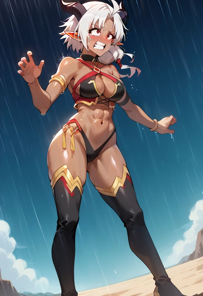 (Masterpiece, best quality, intricate details, 1sologirl) iron collar, arms behind back, iron cuffs, shackles, bound ((standing by wooden pole:1.2)) ((female Black Dark skin Gyaru)) show entire body frontal position, feet in view, realistic, gorgeous 16y.o. darkest skinned mixed race female, black African, barefoot no shoes, looking to viewer straight symmetrical, solo girl looking to the camera, cow bell choker leather collar choker neck bell, metal sandals, black and white bikini (cow pattern) black thigh highs