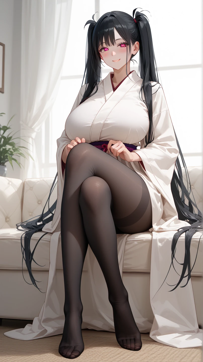 1 Girl,  unique ,  HD, Accurate,  long hair, Black Hair, Twin ponytails,  Big Breasts ,  blush,  has a seductive smile, heart in eye,  Wearing a Daoist robe， Full Body Photo ， long legs，Black Silk:1.5，Full body pantyhose :1.5，Huge breasts，Sitting，Lift your legs