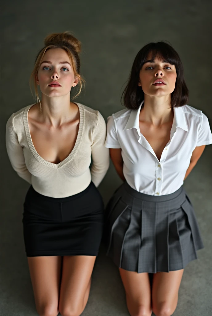 Realistic photo from above of two slim pretty Caucasian women in a British classroom. One is aged 21 and has light-brown hair in a bun and is wearing a tight plain-white low-cut cashmere sweater (no bra) and a straight black miniskirt. The other is aged 18 and has short dark-brown hair in a bob and is wearing a tight white shirt, a dark-grey tie, and a dark-grey pleated miniskirt. They are kneeling in the classroom, looking up to the camera. They both have both hands behind their backs. Their mouths are slightly open. There are dribbles of sun cream on both their chests.