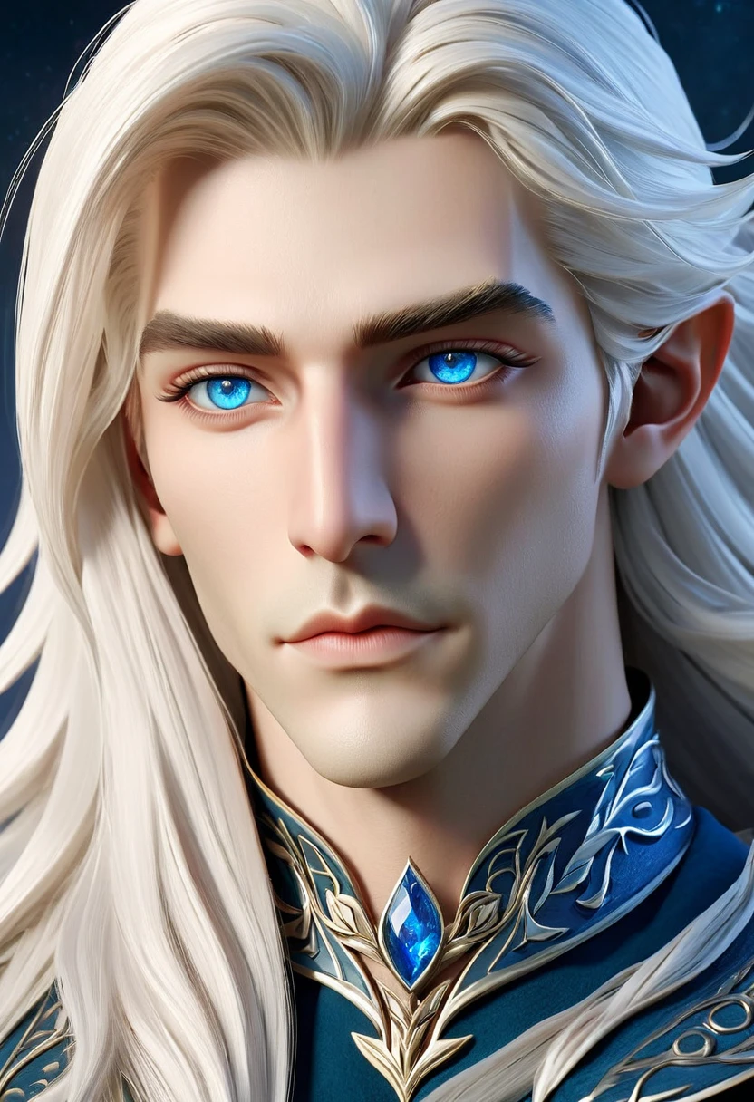 Create a handsome male elf with long, flowing white hair, piercing blue eyes, and fair skin. He has sharp, symmetrical features with high cheekbones, a slender nose, and a calm, serene expression. His attire is elegant and silver, decorated with subtle nature-inspired designs. He has a mysterious yet kind aura, exuding wisdom and grace, with a gentle yet strong presence.