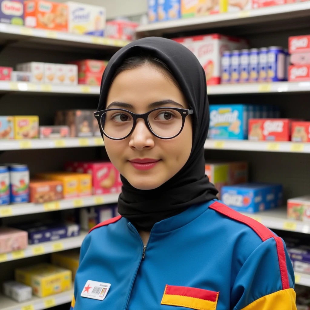  A young woman wearing a distinctive uniform Indomaret with a blue base color combination ,  the color red on the sleeves straight from top to bottom on the edge of the shirt ,  yellow color adjacent to red complete with 'Indomaret' logo on the chest .  He is wearing a black-colored hijab and round glasses with thin frame black .  Her face displays a confident expression with minimalist makeup and pink lipstick.  On his uniform ,  there is an identifier  (ID Care )  complete with a small photo showing his identity as an official employee .  The background shows the store shelves filled with various products ,  signifies that he is inside a convenience store or convenience store .bul4n kiss4