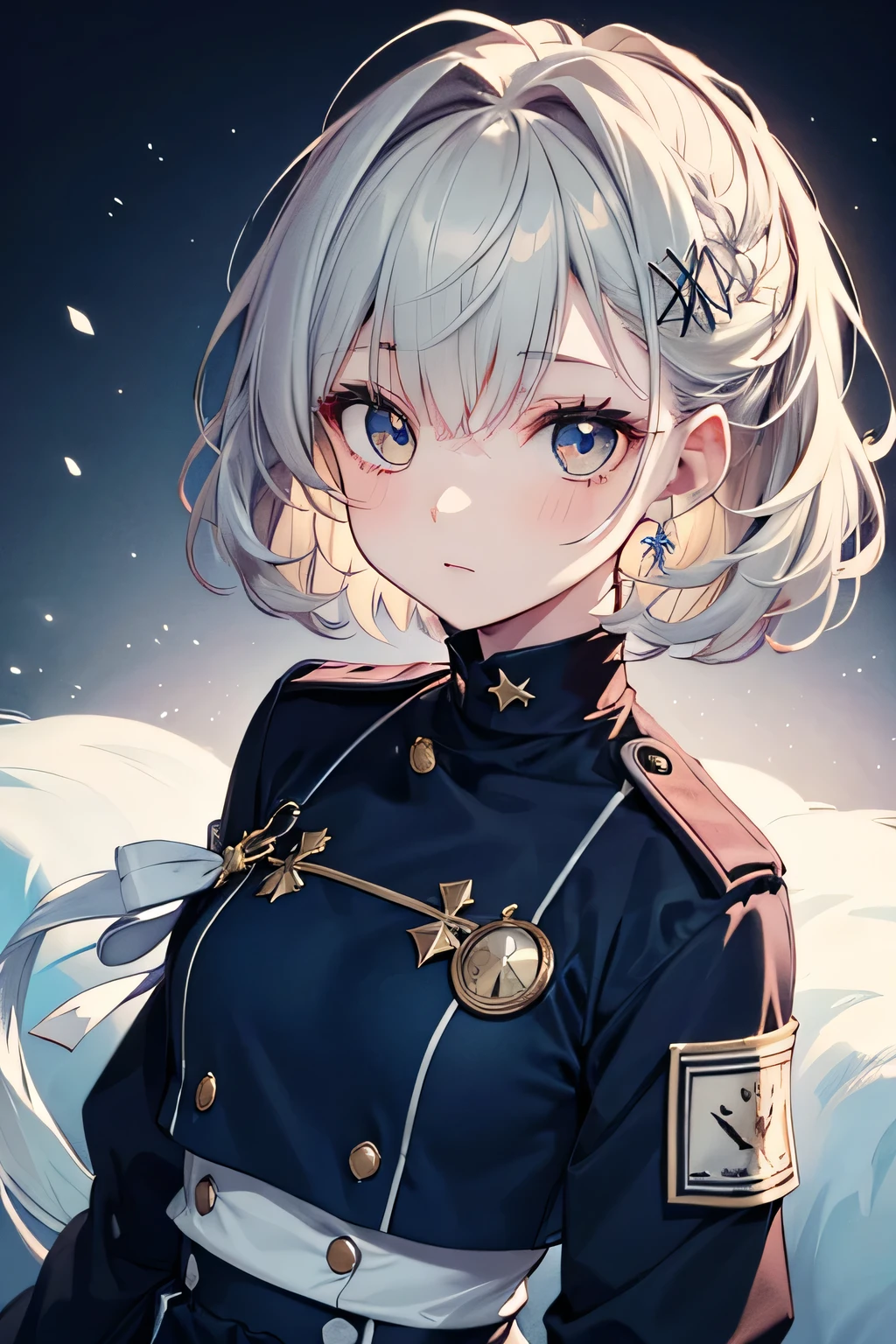   girl　Hair color is white　 The hairstyle is a short bob with fluffy waves　The color of the eyes is dark blue uniform with a ribbon