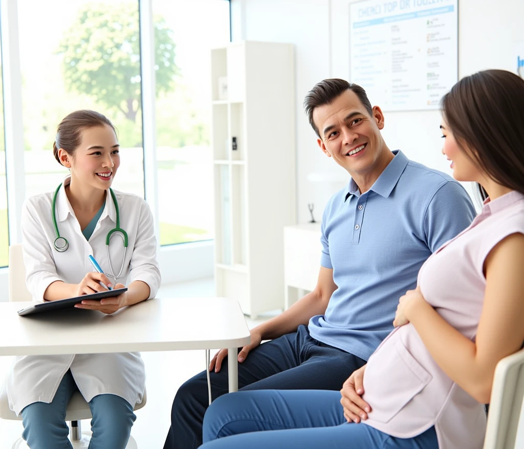 Thai husband and wife asking for advice from a nurse at the nurse's counter, white background. smiling, (best quality:1.3), photo-realistic, highly detailed, high resolution RAW photo, studio light, extreme detail, High definition, perfect shape, detailed face, detailed eyes, detailed lips, detailed nose, best quality, 4k, 8k, high resolution, masterpiece:1.2, ultra-detailed, realistic, photorealistic:1.37, HDR, UHD, super photography,